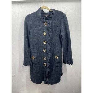 TALIE WOMENS LARGE BUTTON UP GRAY WOOL RUFFLES SWEATER CARDIGAN